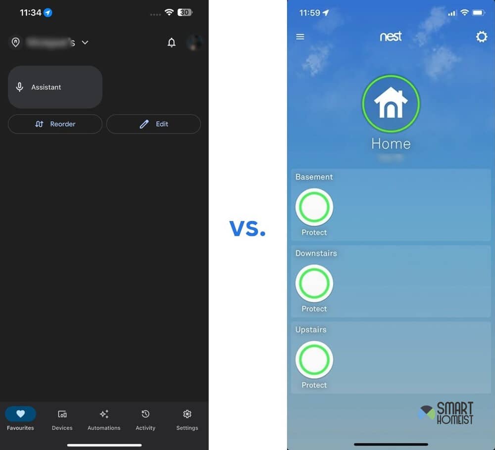 google home and nest app home page