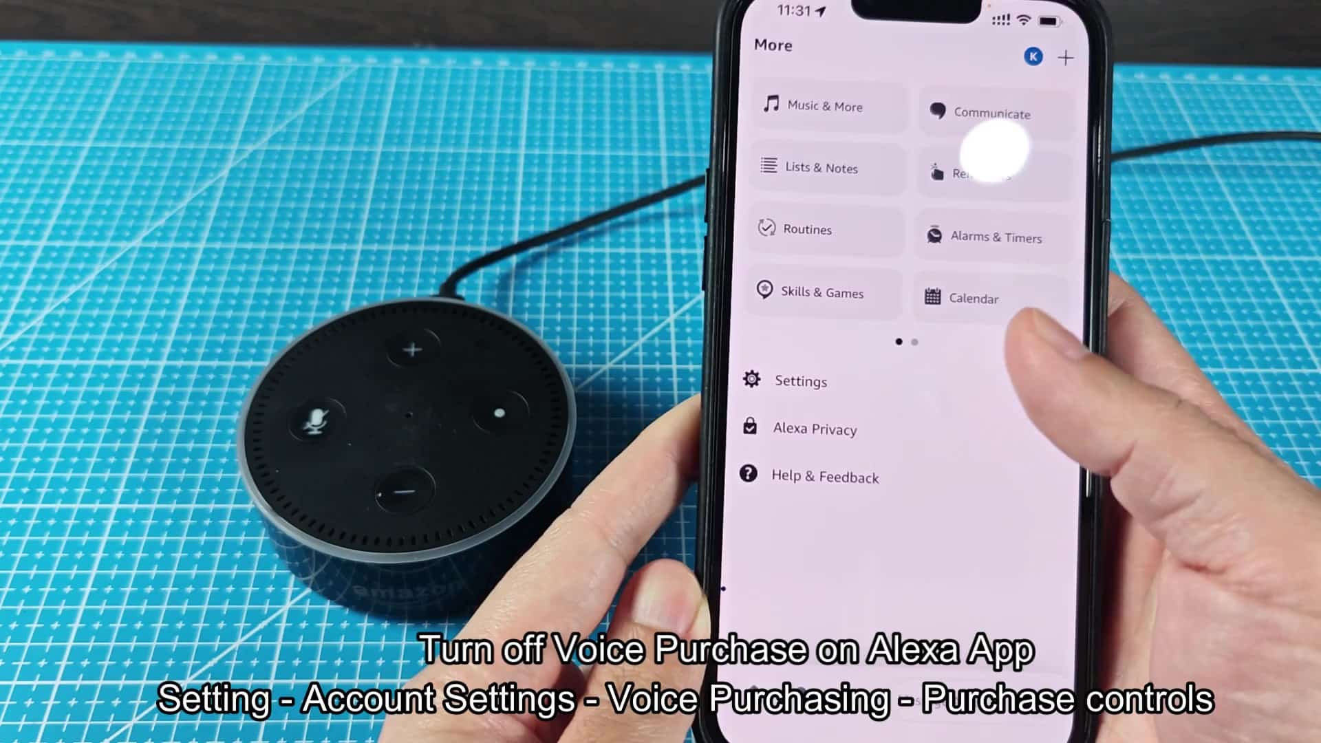 Alexa app home screen and Echo Dot Alexa app home screen and Echo Dot