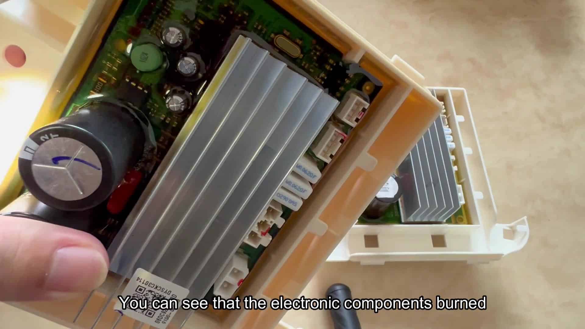 Burned electronic components visible Burned electronic components visible