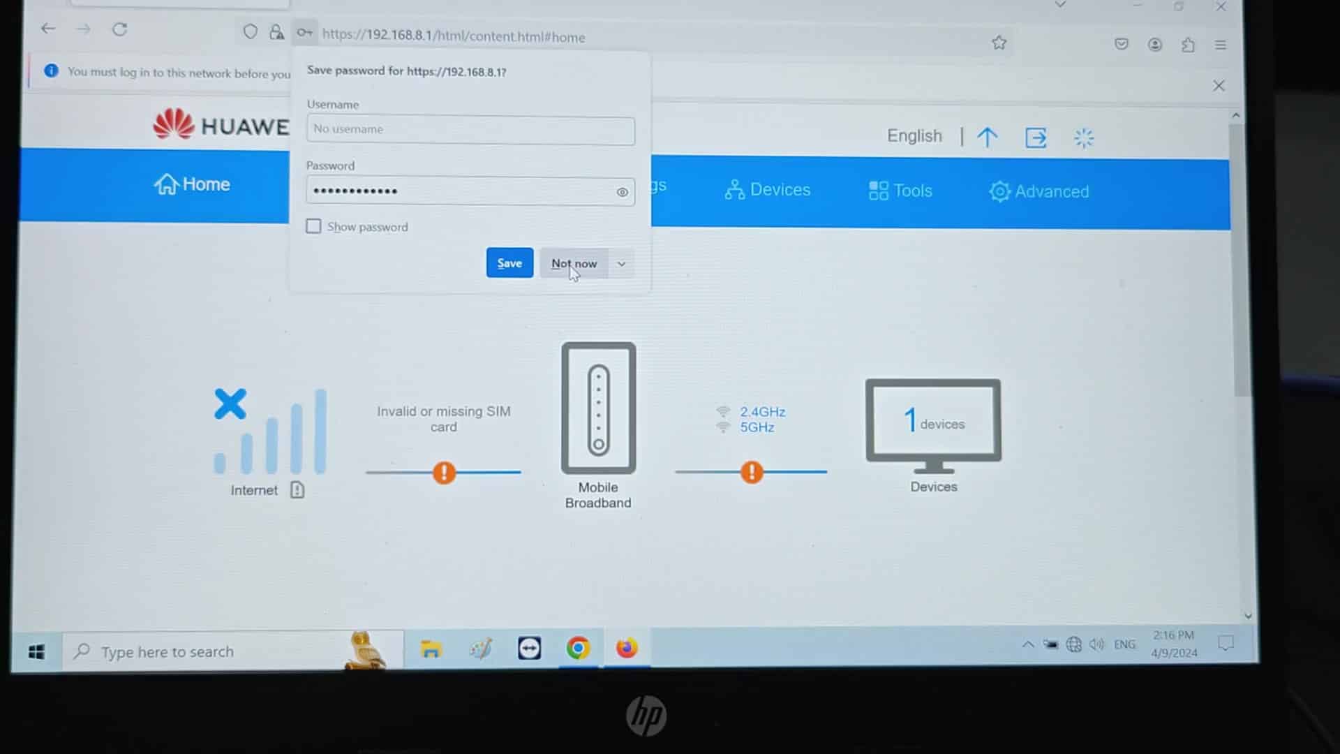 Huawei router dashboard showing invalid SIM Huawei router dashboard showing invalid SIM