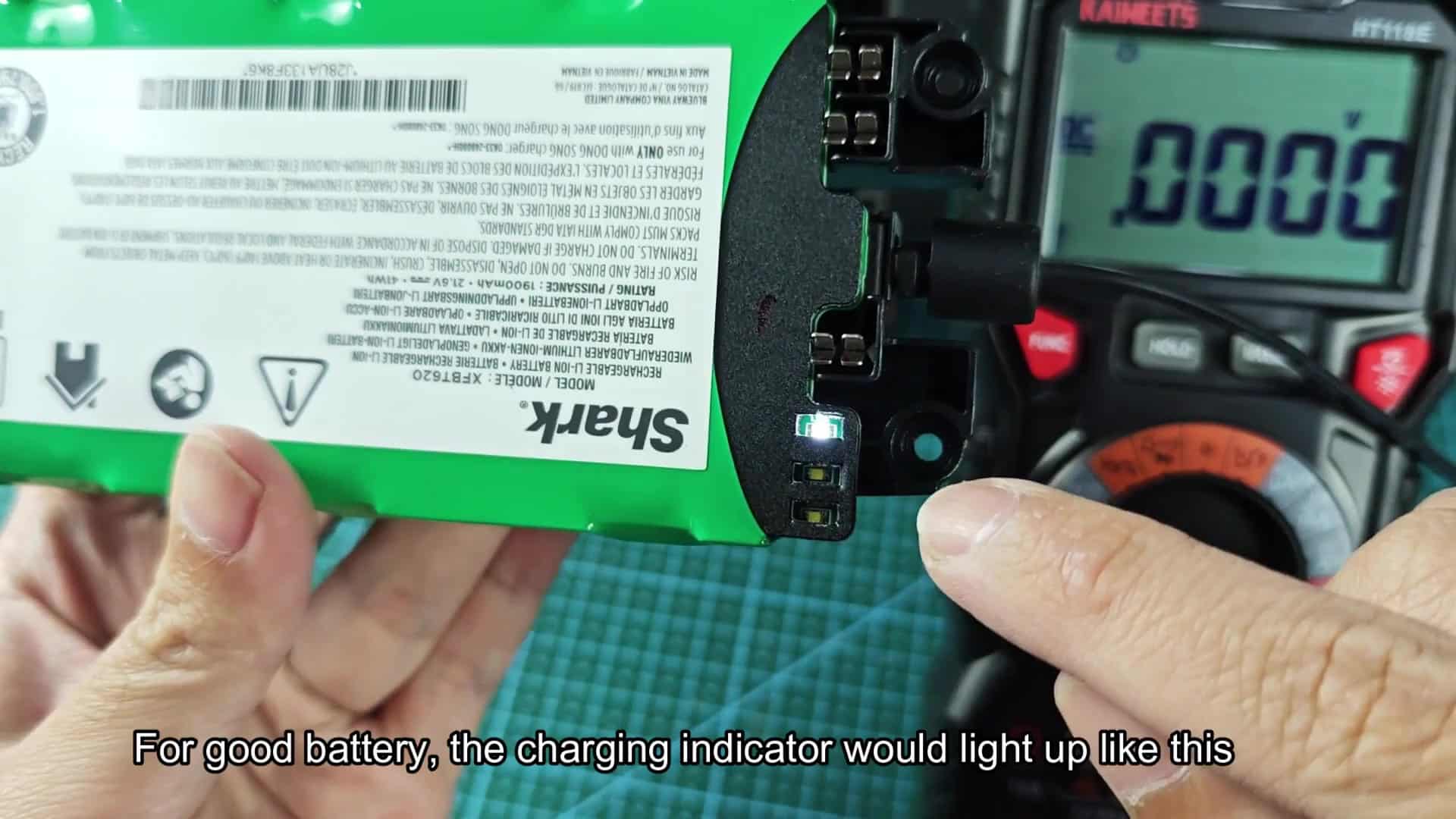 Lit charging indicator on battery pack Lit charging indicator on battery pack