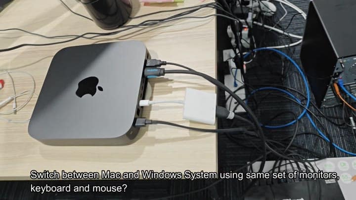 Mac Mini rear ports with connected cables Mac Mini rear ports with connected cables