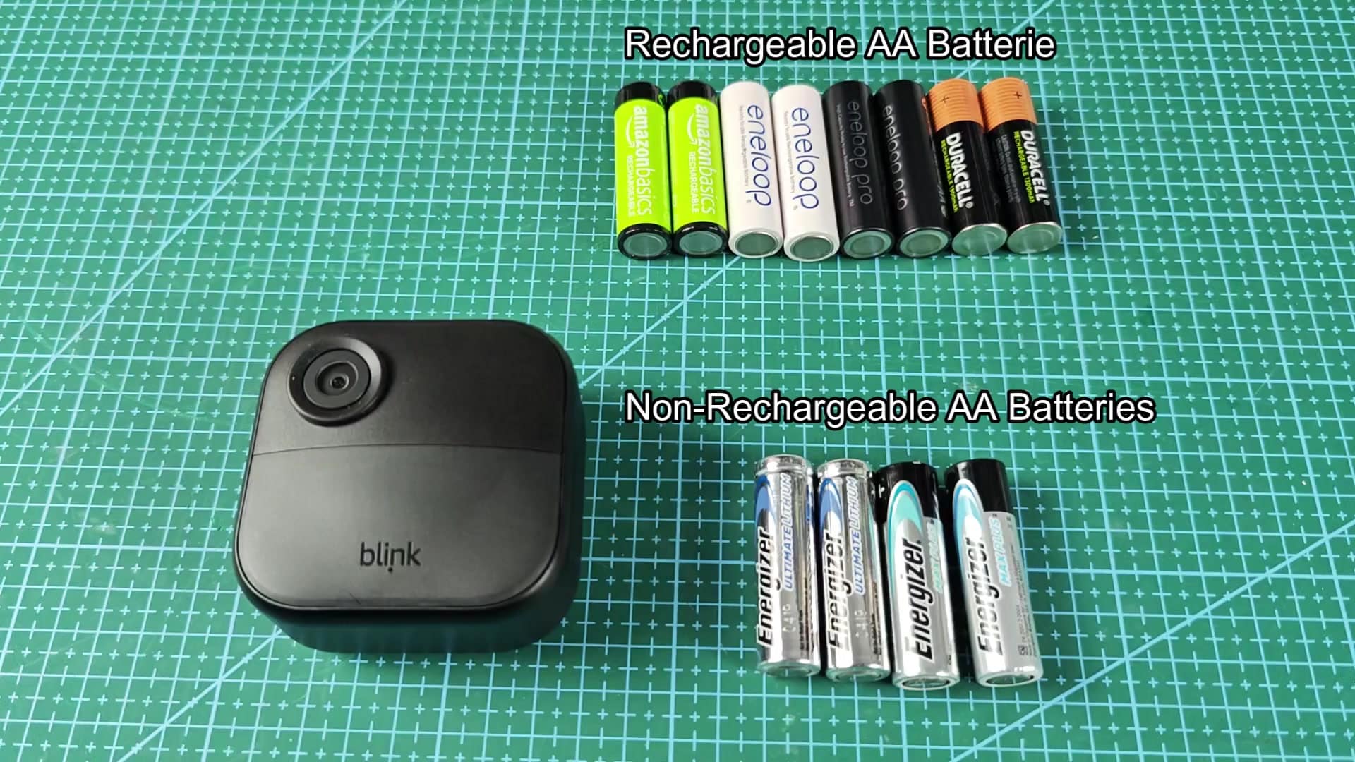 Rechargeable and non-rechargeable AA batteries shown Rechargeable and non-rechargeable AA batteries shown