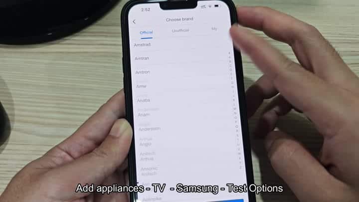 Select Samsung TV brand in app menu Select Samsung TV brand in app menu