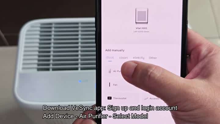 Selecting Air Purifier in VeSync app Selecting Air Purifier in VeSync app