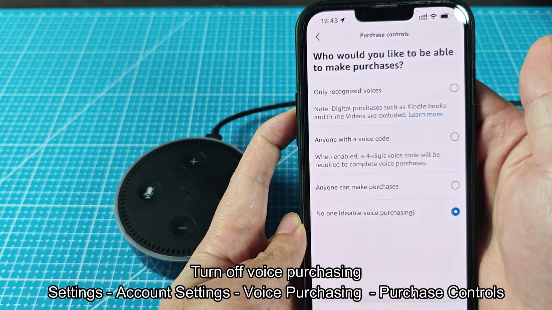 Selecting disable voice purchasing option Selecting disable voice purchasing option
