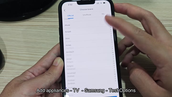 Selecting Samsung from brand list Selecting Samsung from brand list