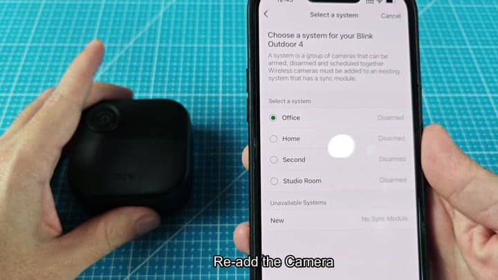 Selecting system to re-add Blink camera Selecting system to re-add Blink camera
