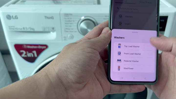 Selecting washer type in app menu Selecting washer type in app menu