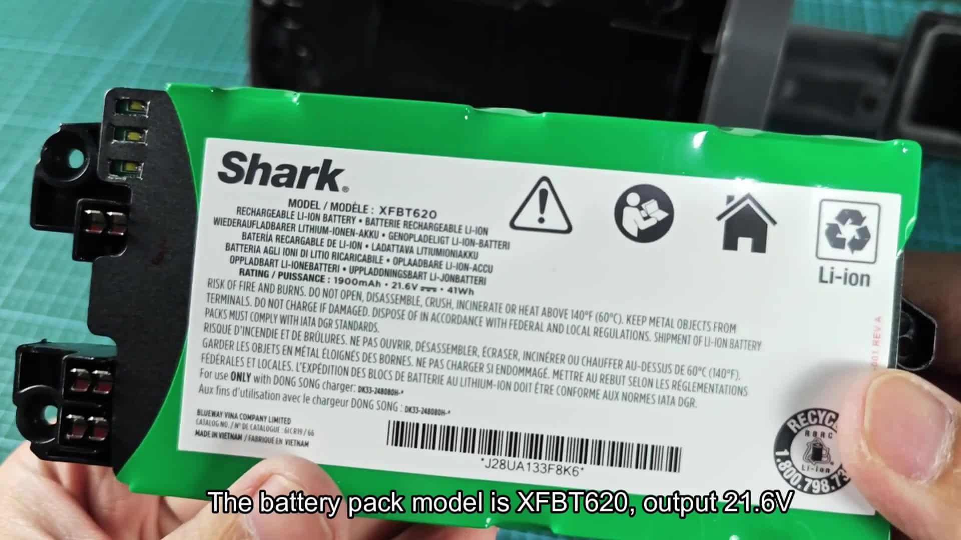 Shark XFBT620 battery model label shown Shark XFBT620 battery model label shown