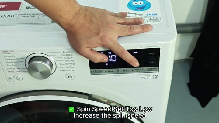 Spin speed setting adjusted on display Spin speed setting adjusted on display