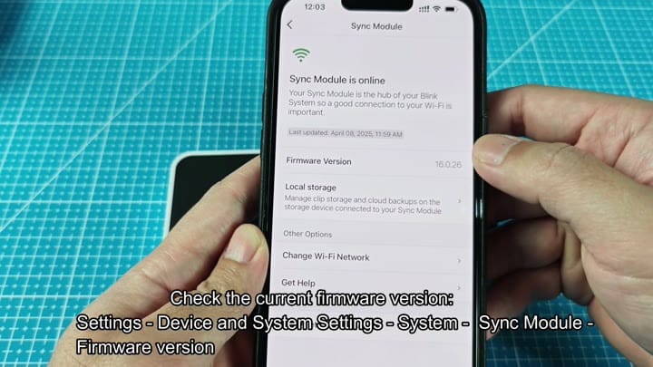 Sync Module firmware version check screen Sync Module firmware version check screen