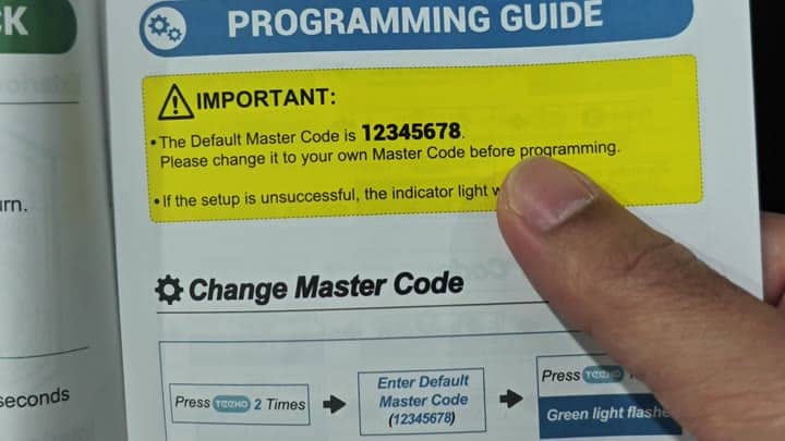 Default master code 12345678 warning Default master code 12345678 warning
