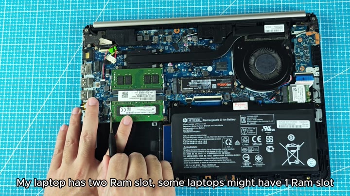 HP laptop internals with two green RAM slots HP laptop internals with two green RAM slots