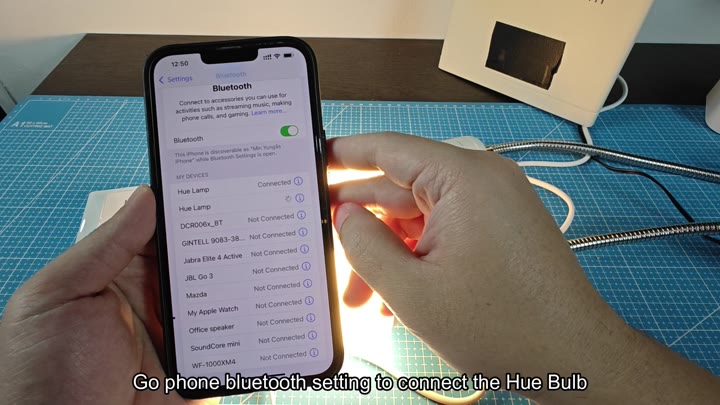 iPhone Bluetooth settings showing connected Hue lamp iPhone Bluetooth settings showing connected Hue lamp
