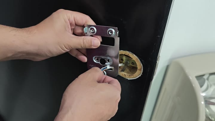 Metal lock component aligned with door cutout Metal lock component aligned with door cutout