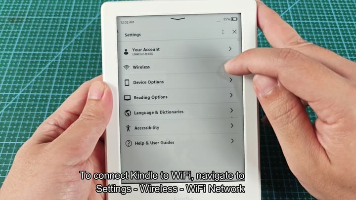 Navigating to wireless in Kindle settings Navigating to wireless in Kindle settings