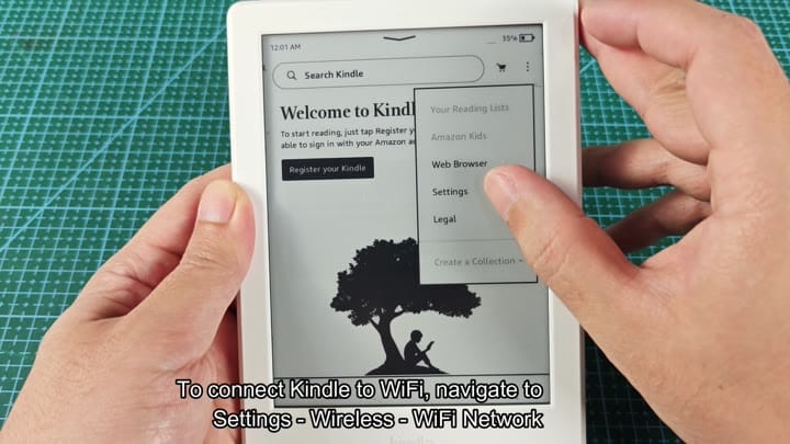 Selecting settings on Kindle welcome screen Selecting settings on Kindle welcome screen