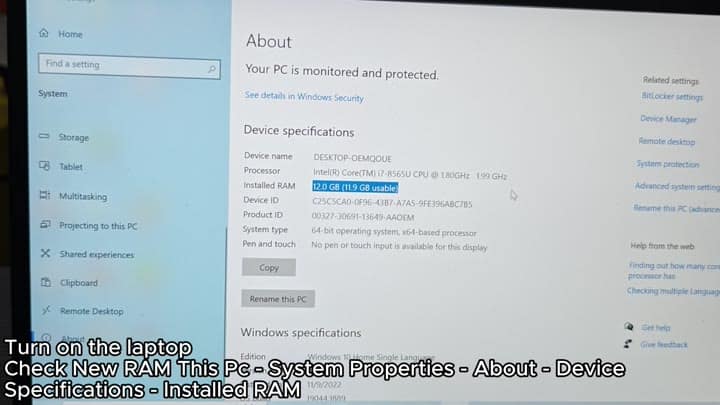 Windows settings showing 12GB installed RAM upgrade Windows settings showing 12GB installed RAM upgrade